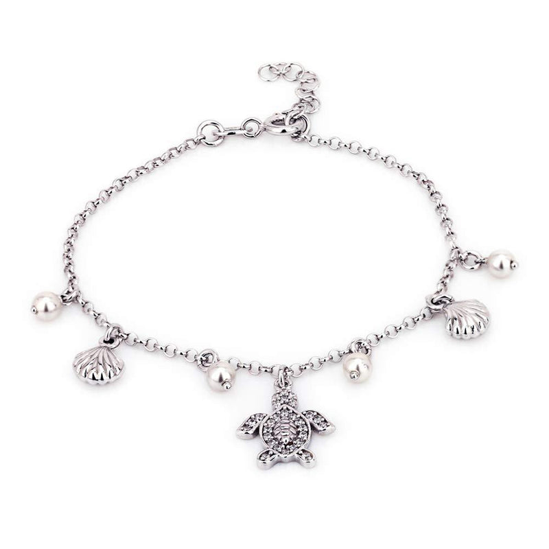 [Australia] - Vanbelle Sterling Silver Jewelry Dangling Multi Charm Sea Theme Turtle and Sea Shell Bracelet with Rhodium Plating for Women and Girls 