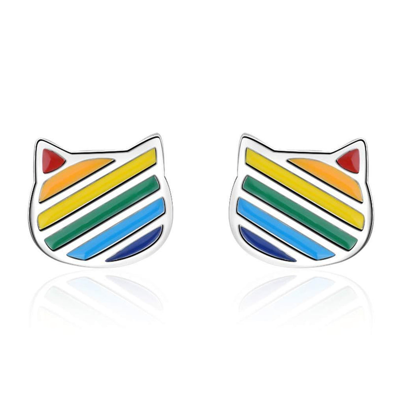 [Australia] - 925 Sterling Silver Rainbow Cat Stud Earrings for Women Girls Tiny Cute Simple Dainty Jewellery Birthday Gift 