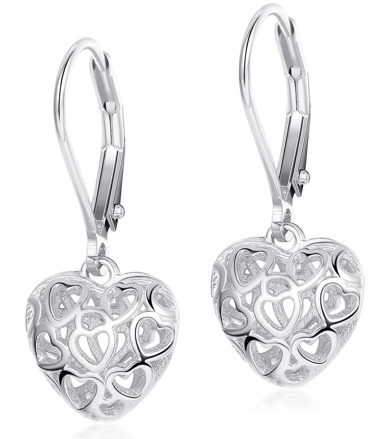 [Australia] - Milacolato Heart Earrings S925 Sterling Silver Hollow Shaped Leverback Earrings for Women Girls Dangle Drop Earrings Silver Tone 