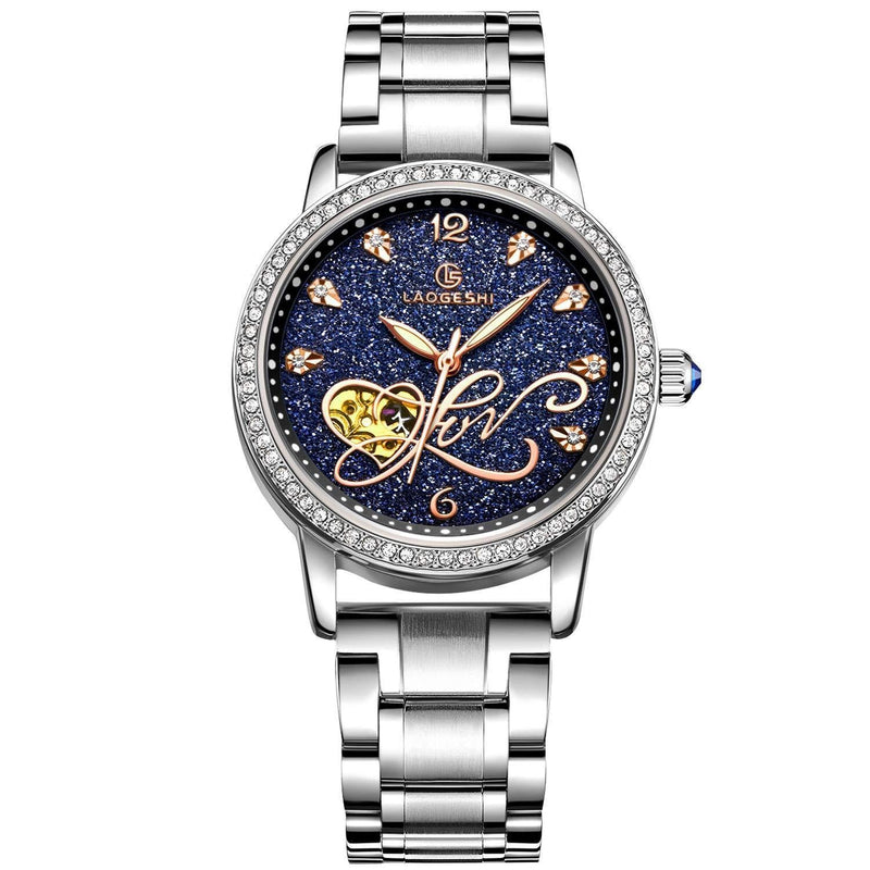 [Australia] - RORIOS Women Automatic Mechanical Watch Shining Starry Sky Luminous Simulated Diamond Dial Stainless Steel Strap Ladies Wristwatches Silver Blue 