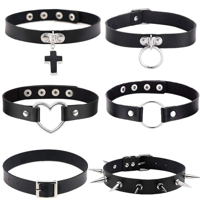 [Australia] - 6 Pieces PU Leather Choker Punk Gothic Collar Necklace Adjustable Collar Hoop Chain Classic Charms for Women Girls 