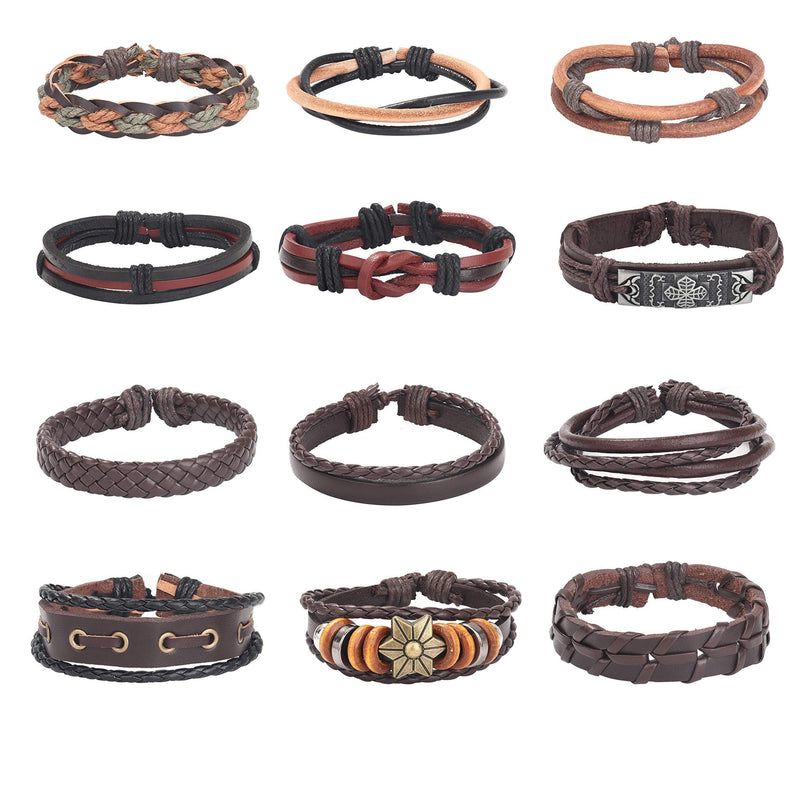 [Australia] - YADOCA 12 Pcs Braided Leather Bracelet for Men Women Wrist Band Bracelet Set Adjustable Length 