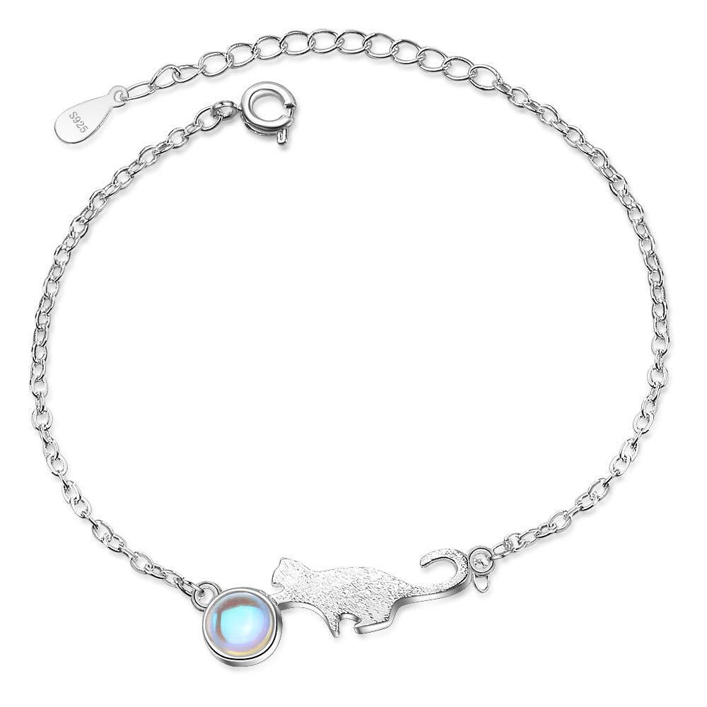 [Australia] - Chandler 925 Silver Moonstone Cat Ball Bracelet for Women Girls Charm Best Friend Bracelet Anniversary Birthday Gift Dainty Jewellery 