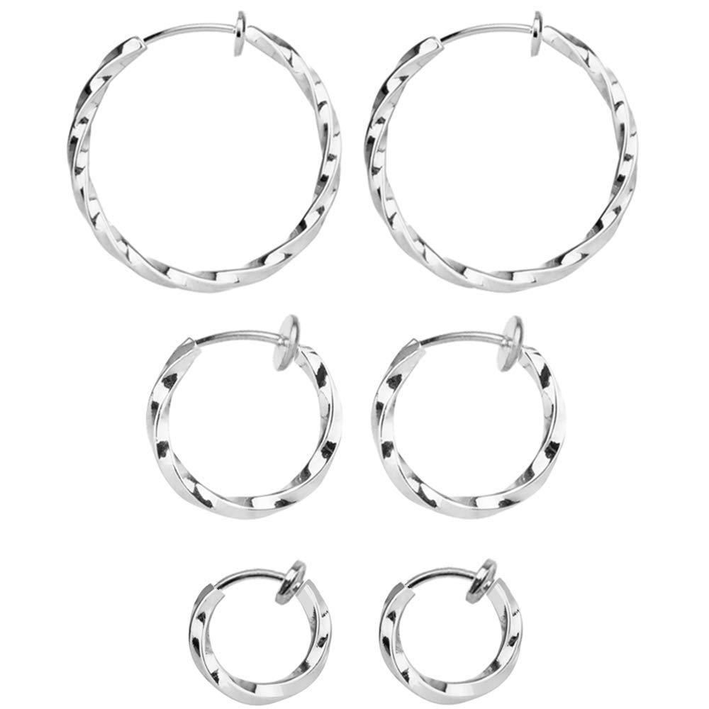 [Australia] - Mannli 3 Pairs Clip On Twisted Hoop Earrings Non Piercing Earrings Set for Women Girls, Silver 15-30MM 