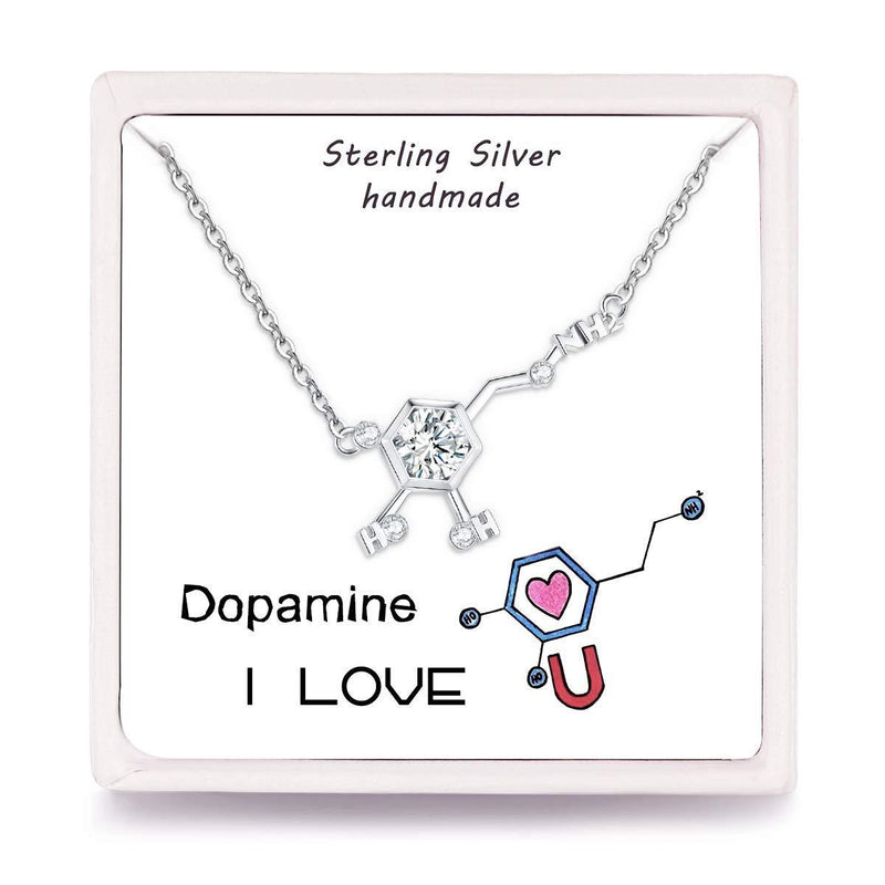 [Australia] - Qings Dopamine Molecule Necklace for Valentine, 925 Sterling Silver Chemical Pendant with Cubic Zirconia, 45cm+3cm Chain, Exquisite Box, Jewellery Gift for Girlfriend Wife Women Teacher Science Lovers 
