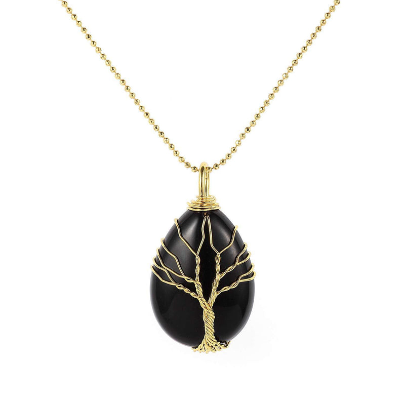 [Australia] - Tree of Life Obsidian Teardrop Pendant Necklace Natural Gemstone Healing Crystal Chakra Jewelry for Men Woman 