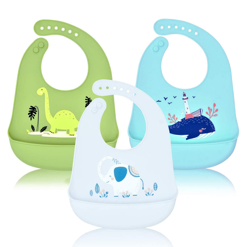 [Australia] - FILOWA Silicone Bibs for Babies,3 PCS Baby Weaning Silicone Bibs Feeding Waterproof Wide Food Crumb Soft Catcher Wipeable Adjustable Bib for Toddlers,Machine Washable No-Mess BPA Free Food Grade Bibs Grey 