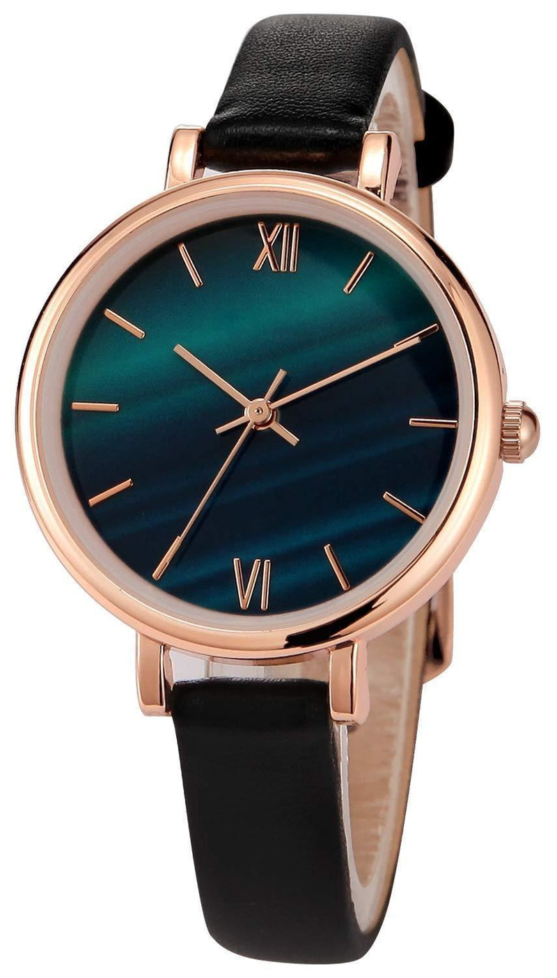 [Australia] - Women Watches Leather Ladies Watches Rose Gold Case Wrist Watch Simple Fashion Leather Strap Watch Elegant Analogue Quartz Watches for Women A-Black 