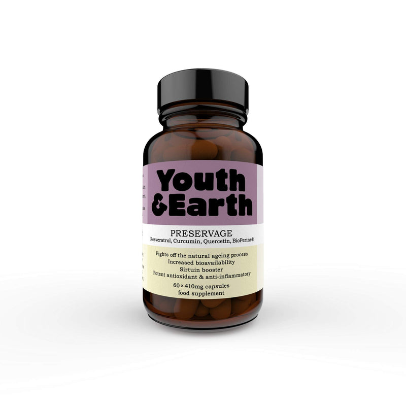 [Australia] - Preservage (60 x 410mg Capsules) | High Strength Trans-Resveratrol, Curcumin, Quercetin, BioPerine | Anti-Aging Supplement, Protects Cells & Tissue | High Absorption | Made in UK by Youth & Earth 