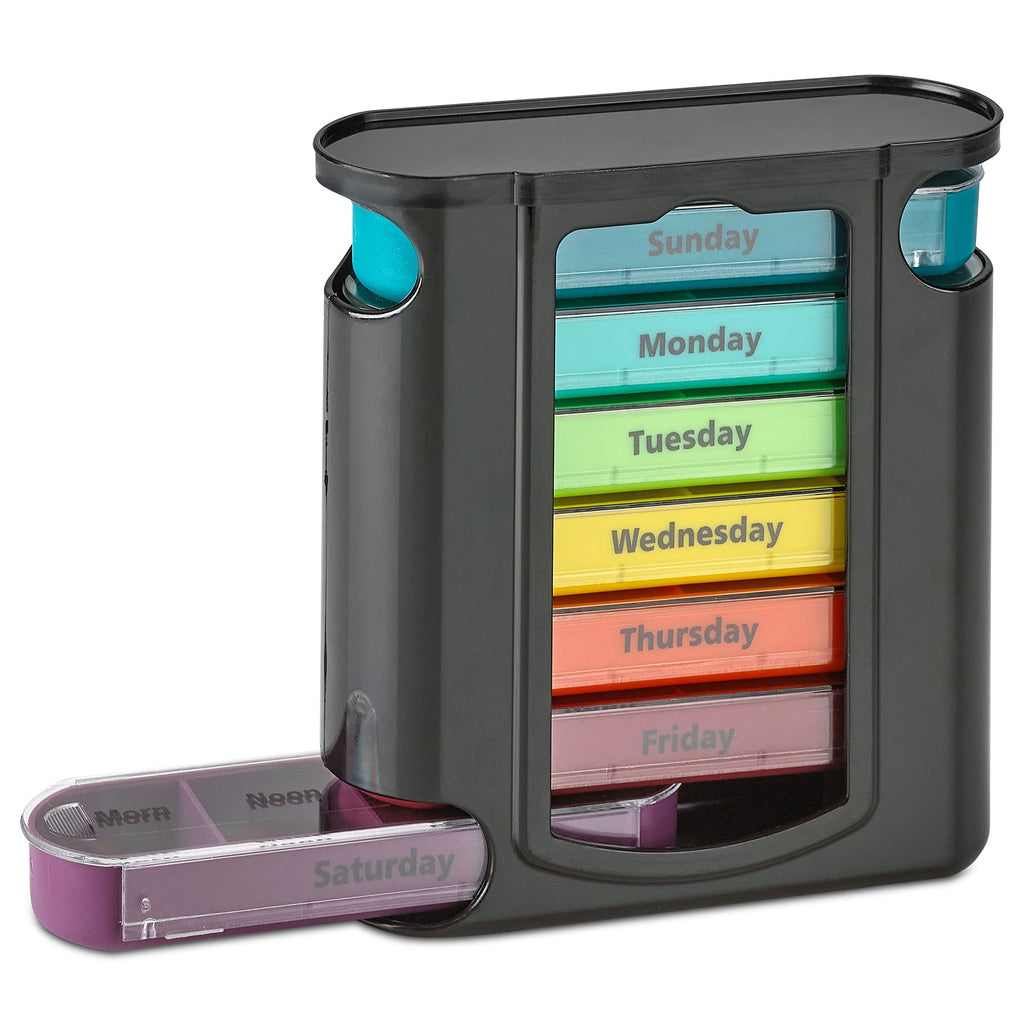 [Australia] - Weekly Pill Organizer, 1 Dispenser, 7 Stackable Compartments Four Times-a-Day - Morning, Noon, Evening, and Bedtime, Black 