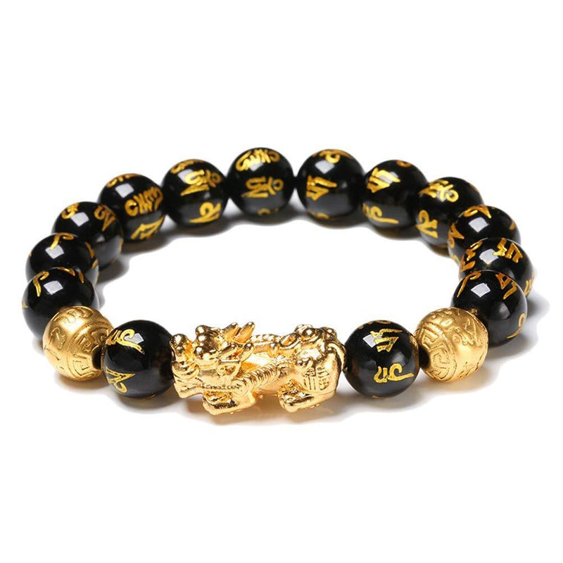 [Australia] - Macabolo Black Obsidian Wealth Beads Bracelet Lucky Wealthy Amulet Bracelet with Golden Pi Xiu Included a Peace Sign Pendant 