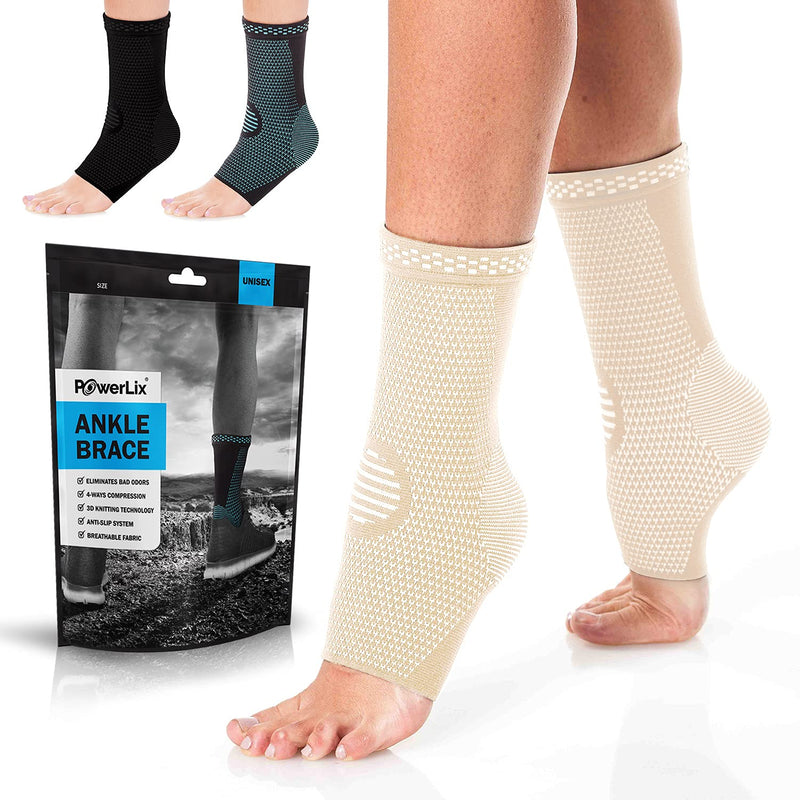 [Australia] - POWERLIX Ankle Support Brace 2 Pack, Ankle Brace for Men/Women/Kids, Support for Ligament Damage, Sports Protect, Injury Recovery, Plantar Fasciitis Foot Socks with Arch Support, Beige, Small S 