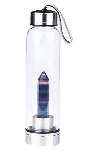 [Australia] - ChezMax Crystal Glass Water Bottle Energy Quartz Gemstone Water Bottle with Changeable Natural Crystal Center for Healing and Wellness A - Dark Colorful Fluorite 