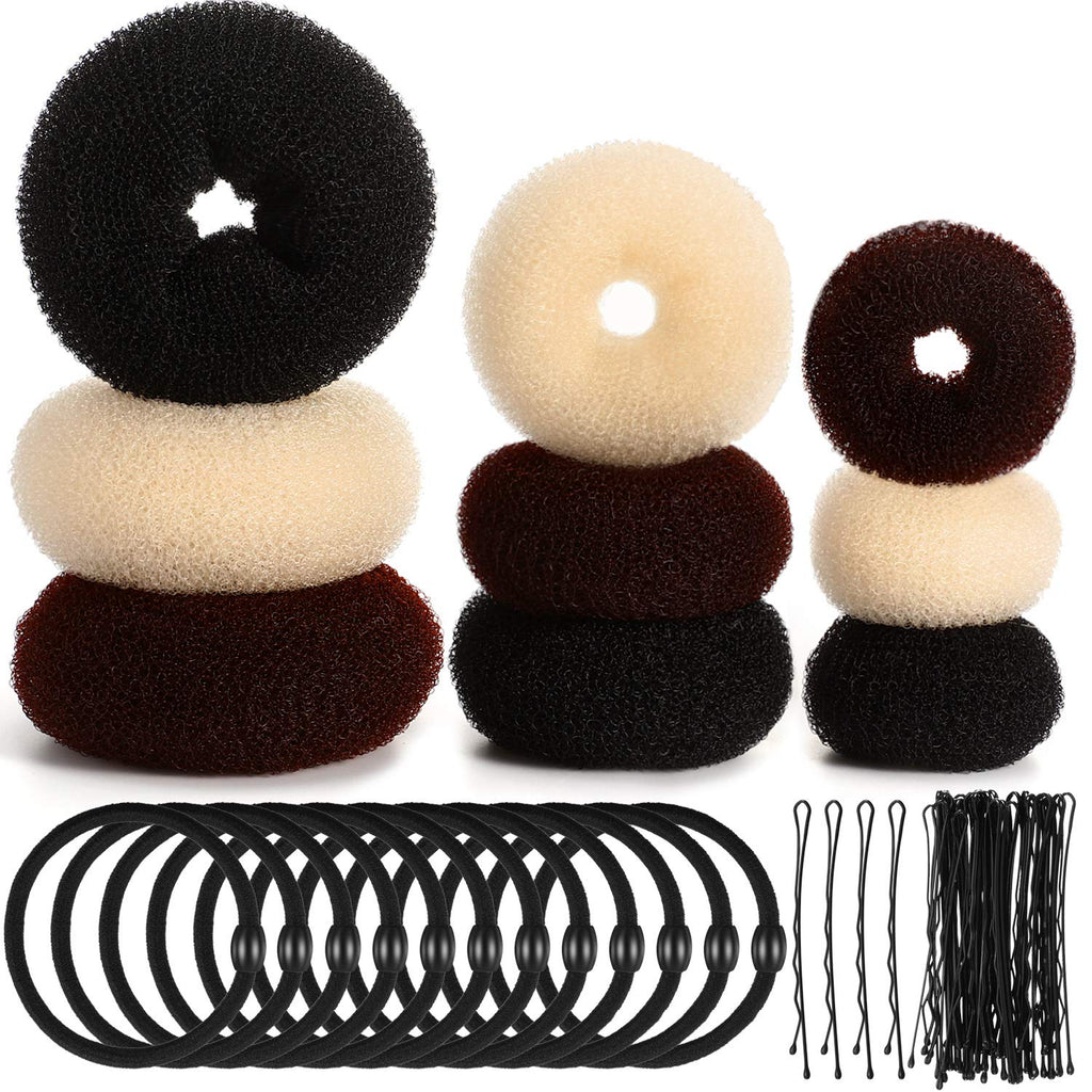 [Australia] - 9 Pieces Donut Hair Bun Maker Shaper Foam Sponge Doughnut Bun Ring Style Set with 12 Pieces Hair Elastic Bands Ties and 32 Pieces Hair Bobby Pins for Women Girls Kids (Black, Brown and Beige) 