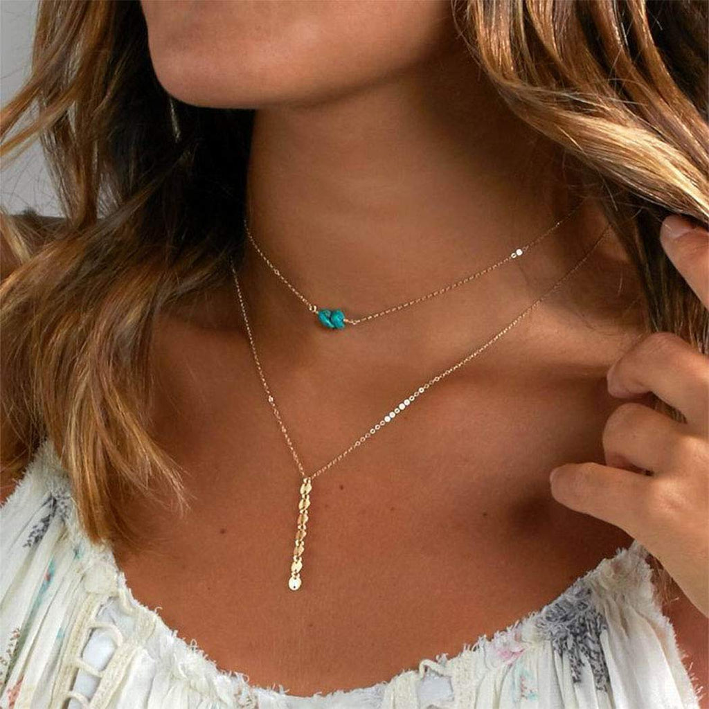 [Australia] - Simsly Boho Turquoise Necklace Layering Necklace Choke Double Sequin Necklace Jewelry Adjustablefor Women and Girls (Gold) Gold 