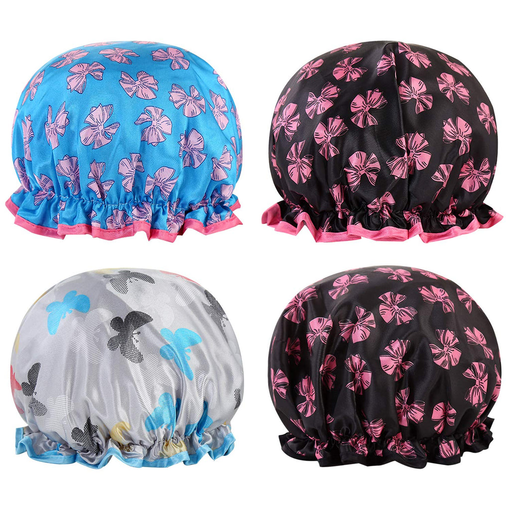 [Australia] - Vtrem 4 Pieces Shower Cap Lined Double Layer Waterproof Hair Bath Caps with Lace Elastic Band Lovely Butterfly Pattern Reusable Bathing Hat for Women Girls Butterfly Pattern / 4 Pack 