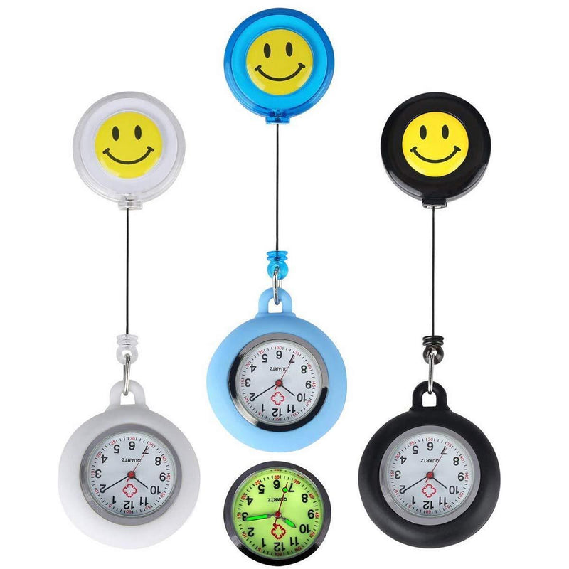 [Australia] - 3pcs Unisex Luminous Fob Watches for Nurses Doctors, Retractable Paramedic Medical Student Silicone Smile Face Clip On Pocket Watches 