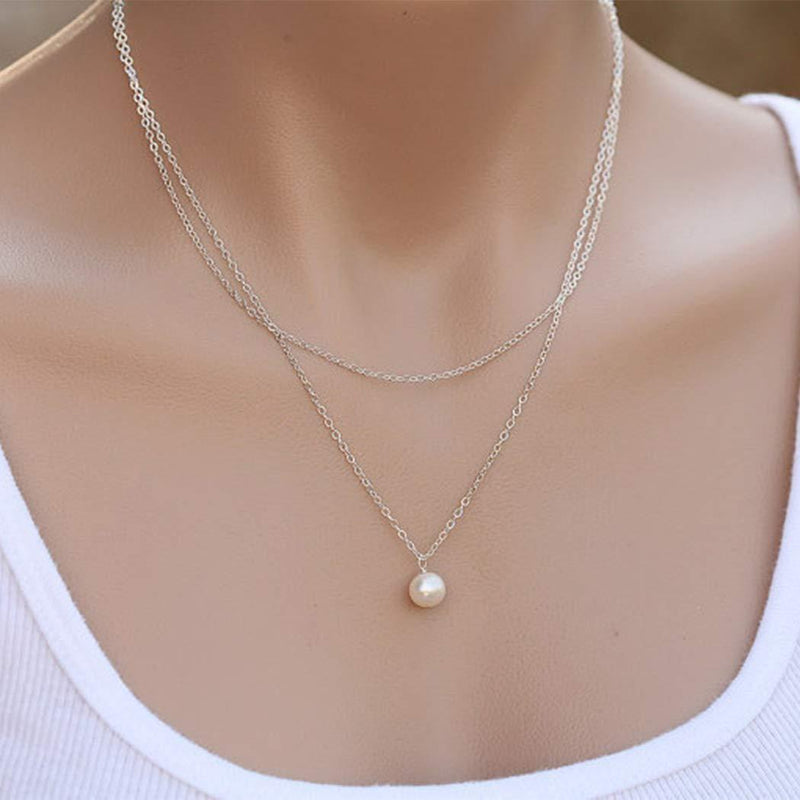[Australia] - Simsly Chic Pearl Necklace Silver Layering Necklace Choke Double Necklace Jewelry Adjustablefor Women and Girls 
