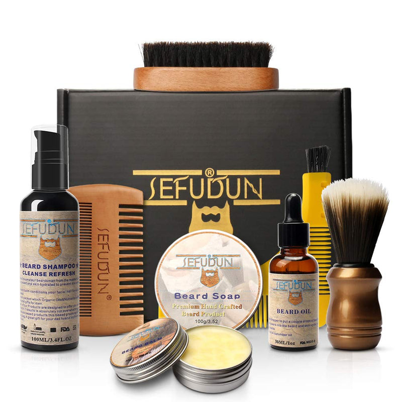 [Australia] - SEFUDUN 8-in-1 Beard Grooming Kit for Men,Beard soap+ soft brush +Beard brush+ Beard comb +Beard Balm Template comb+Beard oil + Beard shampoo+ gift bag 