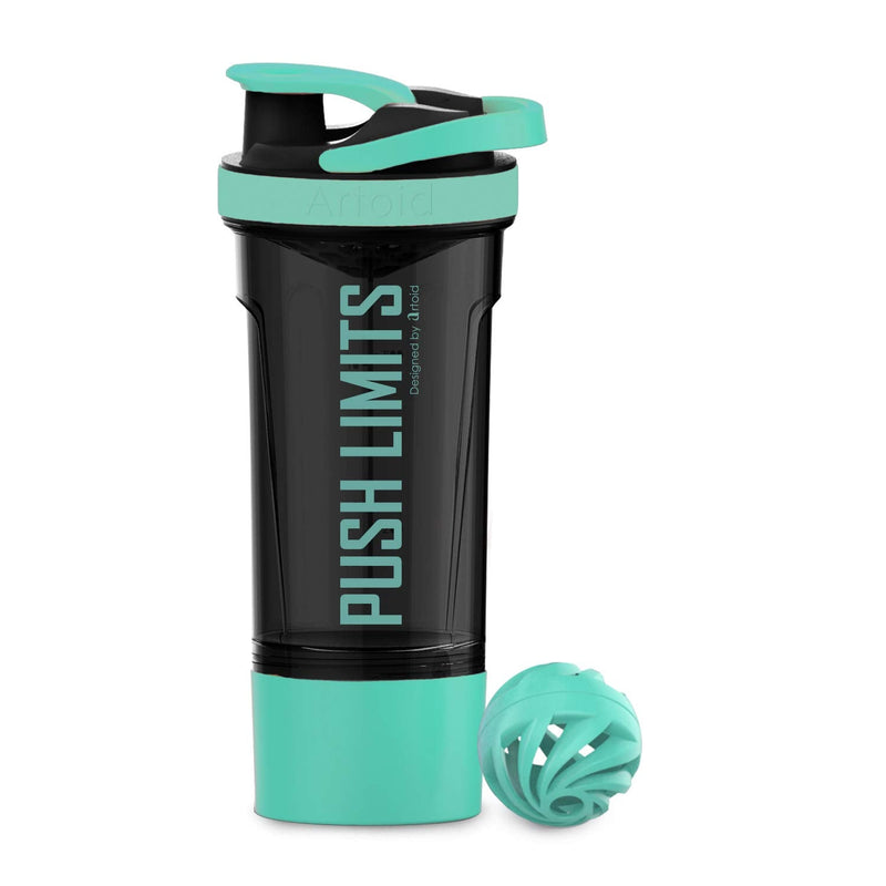 [Australia] - Artoid Mode 720ml Inspirational Sports Fitness Workout Protein Shaker Bottle with Twist and Lock Protein Box Storage, Dual Mixing Technology with Shaker Balls & Mixing Grids - BPA Free Aqua Green/Black 