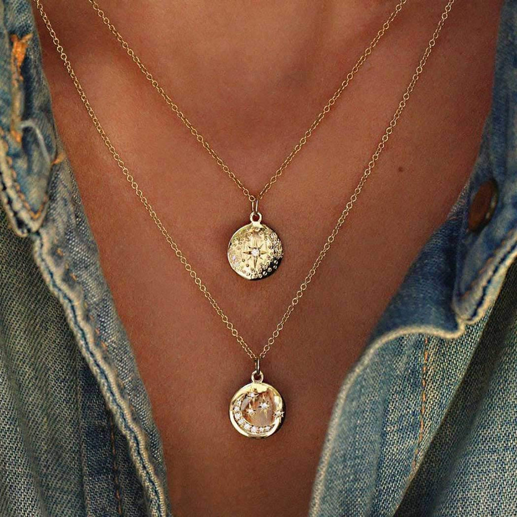 [Australia] - Ushiny Boho Coin Necklaces Gold Crystal Necklace Moon and Star Pendant Necklace Layered Necklace Chain Jewelry Accessories for Women and Girls 