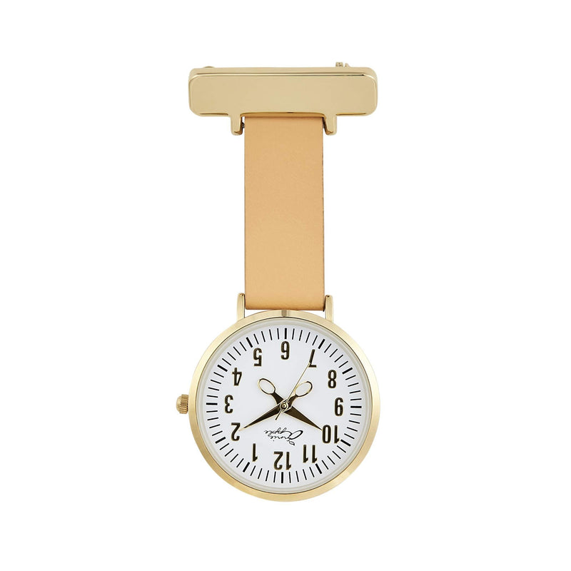 [Australia] - Annie Apple Designer Tan Leather Strap White Gold Dial Scissor Hands Nurses Nurse Beautician Hairdresser Fob Pocket Watch AA37 