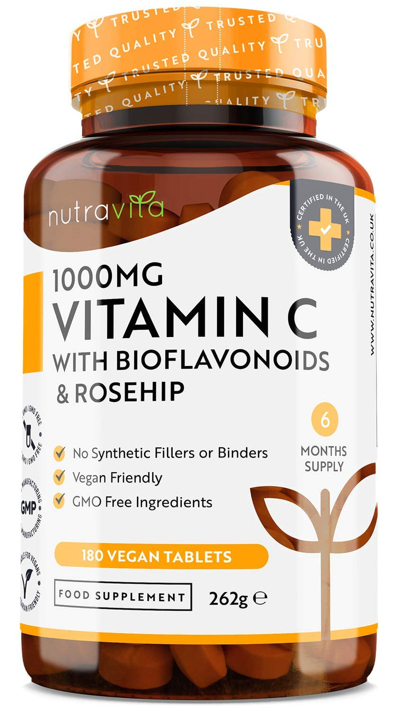 [Australia] - Vitamin C 1000mg – 180 Premium Vegan & Vegetarian Tablets – 6 Month Supply – High Strength Ascorbic Acid – with Added Bioflavonoids & Rosehip – for Normal Immune System – Made in The UK by Nutravita 180 Count (Pack of 1) 