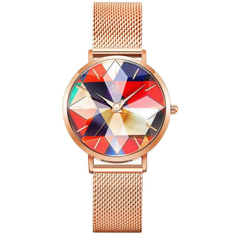 [Australia] - SHENGKE Creative Starry Sky Women Watch with Stainless Steel Mesh Band Genuine Leather Elegant Floral Women Watches (Seven Color-MESH) 