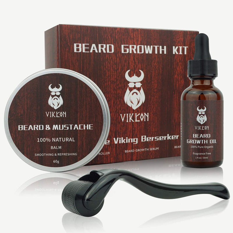 [Australia] - Beard Growth Kit, Beard Derma Roller Kit for Men, Patchy Facial Hair Growing Kit, Beard Growth Serum Oil + Beard Balm + Titanium Microneedle Roller, Let it Grow 