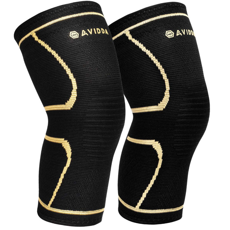 [Australia] - AVIDDA Knee Support Brace 2 Pack - Compression Knee Sleeves for Arthritis, Joint Pain, Ligament Injury, Meniscus Tear, ACL, MCL, Tendonitis, Running, Squats, Sports Gold Small Black Gold S 