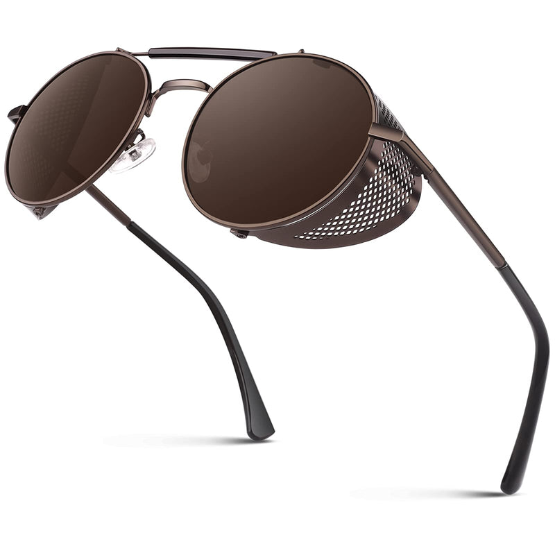 [Australia] - CGID E72 Retro Steampunk Style Unisex Inspired Round Metal Circle Polarized Sunglasses for Men and Women 3.3-brown 