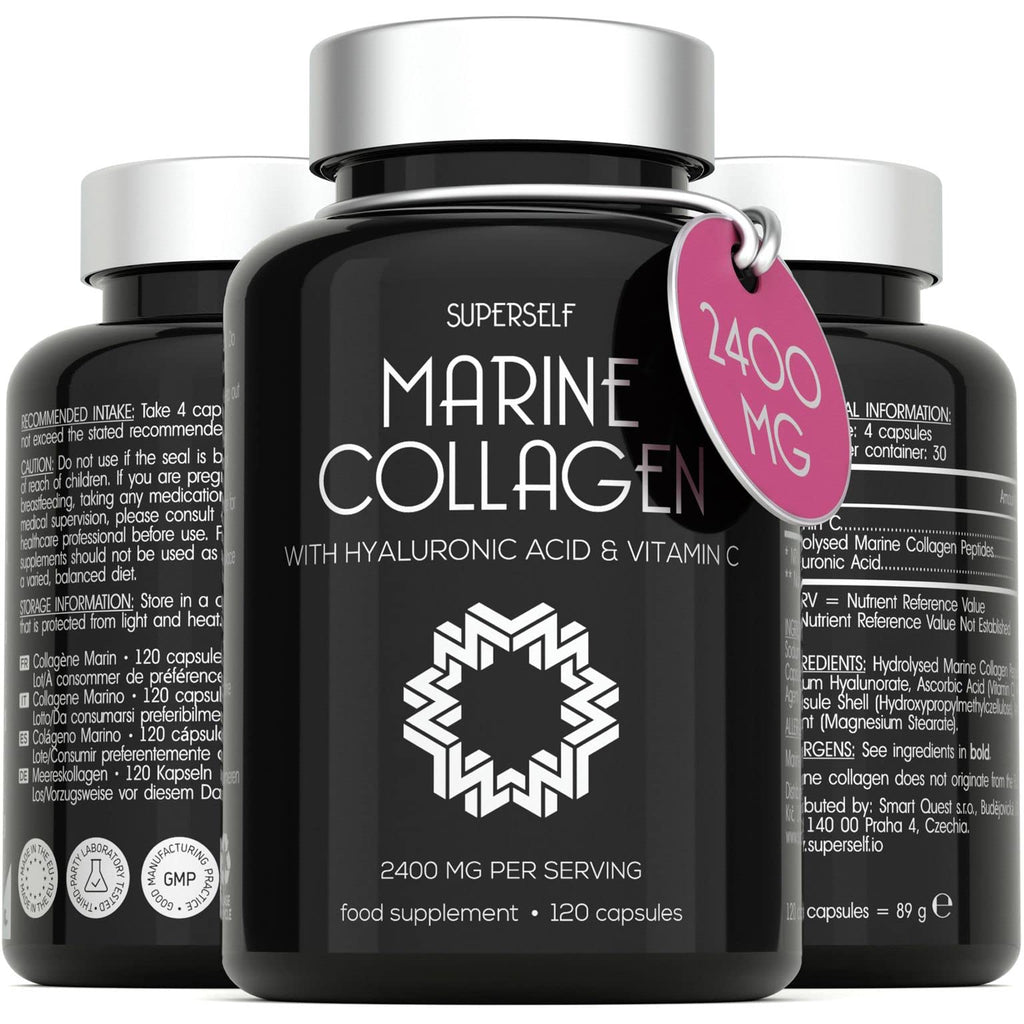 [Australia] - Marine Collagen Supplement 2400mg - 120 Capsules with Hyaluronic Acid and Vitamin C - Premium Type 1 Hydrolysed Collagen Tablets for Women and Men - High Strength Complex for Skin Bones Joints 