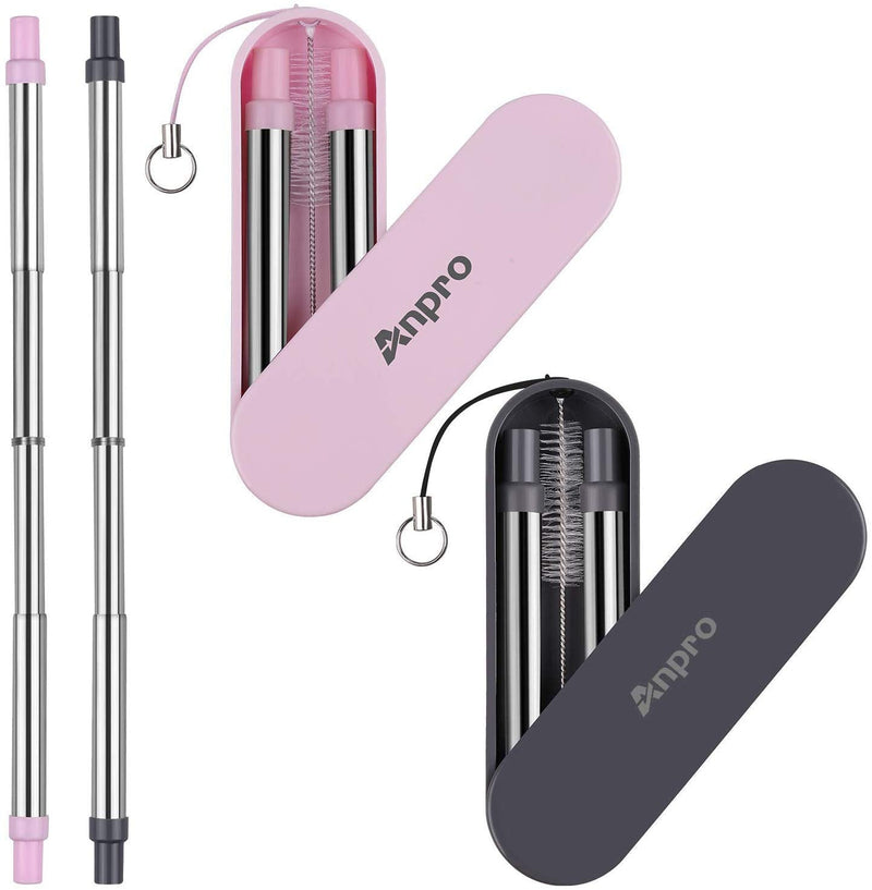 [Australia] - Anpro Collapsible Reusable Straws Metal - Stainless Steel Drinking Straws, Portable Telescopic Straw with Case & Key chain & Cleaner Brush, 2 Pack 