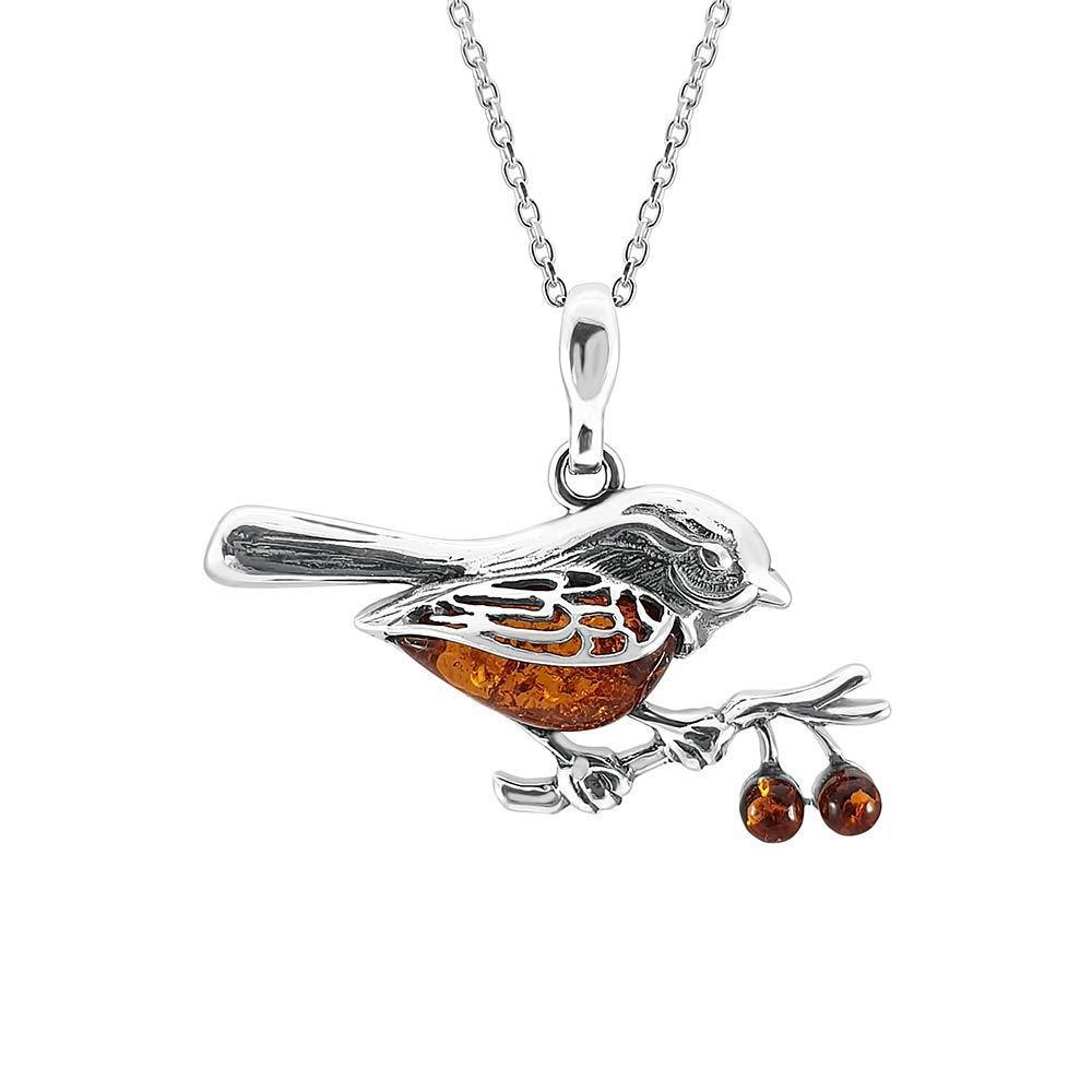 [Australia] - Kiara Jewellery 925 Sterling Silver Red Robin Pendant Necklace On a Branch Inset With Brown Baltic Amber on 18" Sterling Silver Trace Or Curb Chain. 