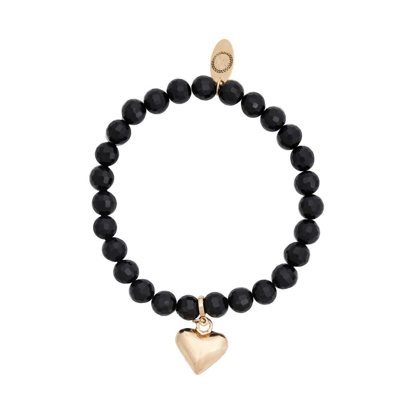 [Australia] - Caramel Jewellery London Heart Charm Bead Bracelet 18ct Gold Plated. Crystal Effect Black Glass Elasticated Bracelet Comfortable Love Feminine Bracelet for Women Ladies Girls 7.5cm Diameter 
