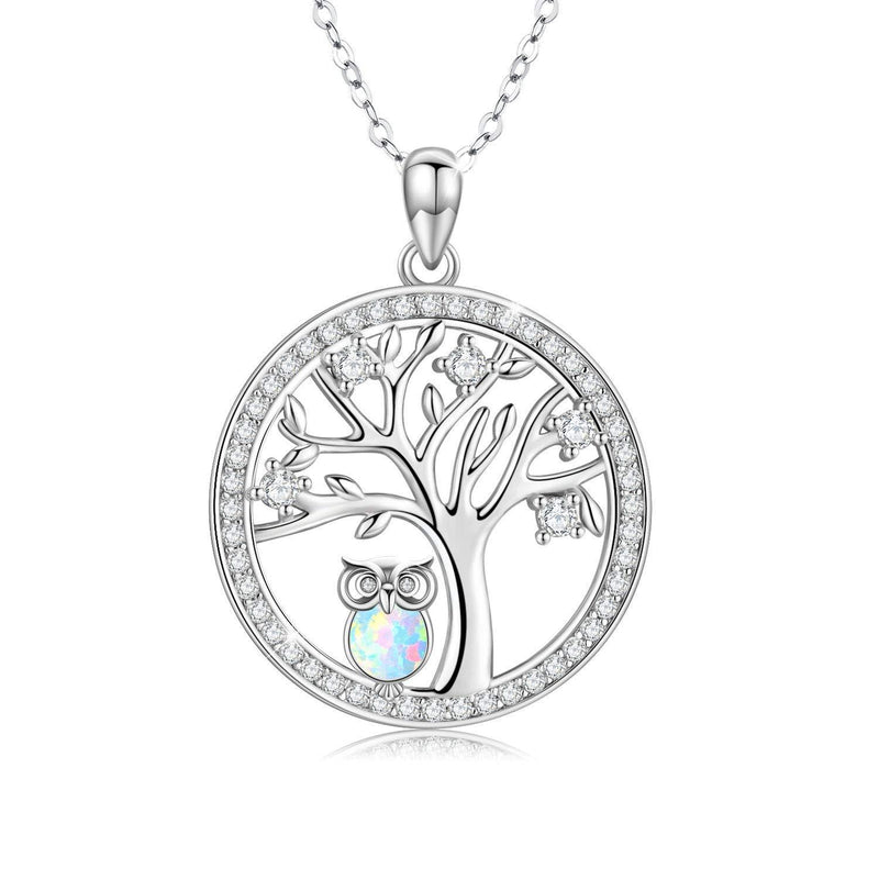 [Australia] - Owl Necklace for Women, 925 Sterling Silver Tree of Life Owl Pendant Neckalces Owl Jewelry Gifts for Mum Women Girls for Owl Lovers Owl-White Opal 