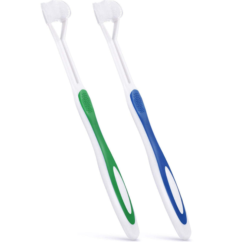 [Australia] - 2 Pieces 3 Sided Autism Toothbrush Three Bristle Travel Toothbrush for Complete Teeth and Gum-Care, Great Angle Bristles Clean Each Tooth, Soft/Gentle (Green, Blue) Green, Blue 