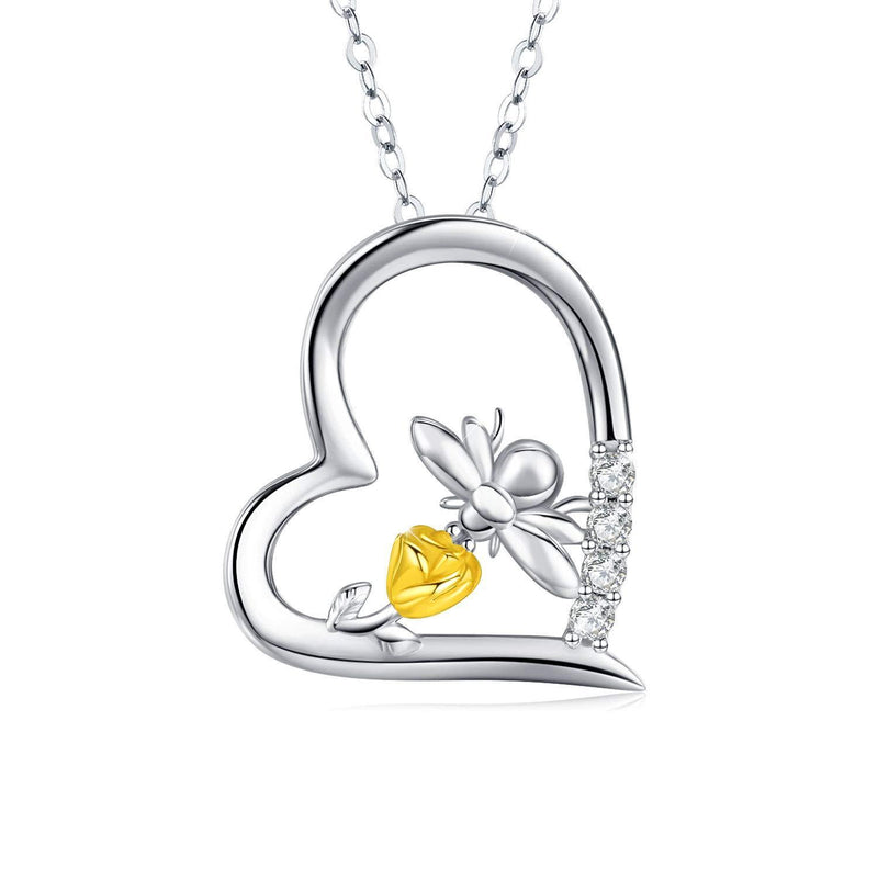 [Australia] - Heart Necklace for Women 925 Sterling Silver Yellow Rose and Bee Pendant Jewelry Gift for Women Gilrs 
