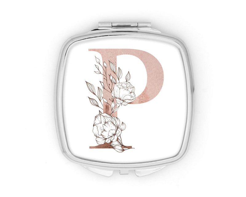 [Australia] - Personalised Initial P Any Letter Vintage Rose Gold Blush Compact Pocket Mirror Initials Custom Monogram 