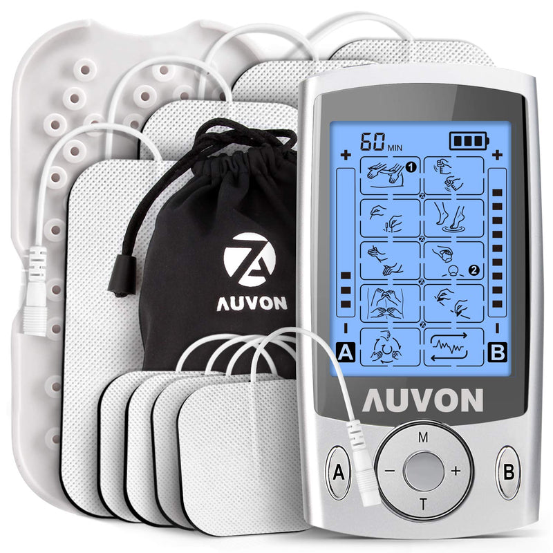[Australia] - AUVON Dual Channel TENS Machine for Pain Relief, TENS Unit Muscle Stimulator with 20 Modes, 2" and 2"x4" TENS Pads Replacement A-silver 