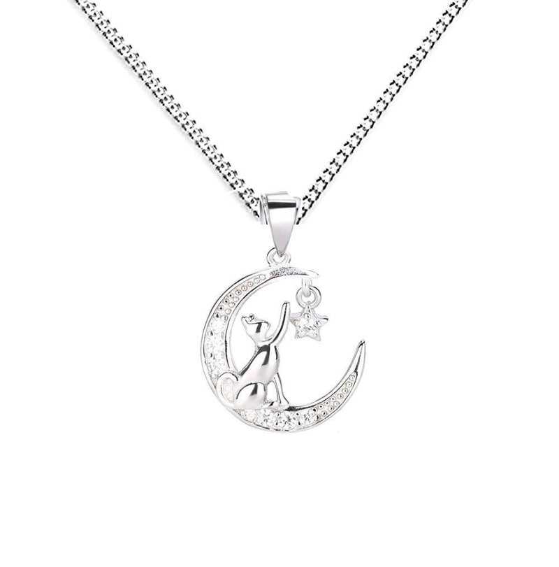 [Australia] - Baobei Women Cat Necklace 925 Sterling Silver Cubic Zirconia Cat on Moon Got Dream Star Pendant Gift for Women Girls 
