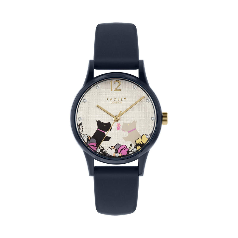 [Australia] - Radley Say It with Flowers Ladies Navy Silicone Strap Floral Kissing Dogs Watch RY2983 