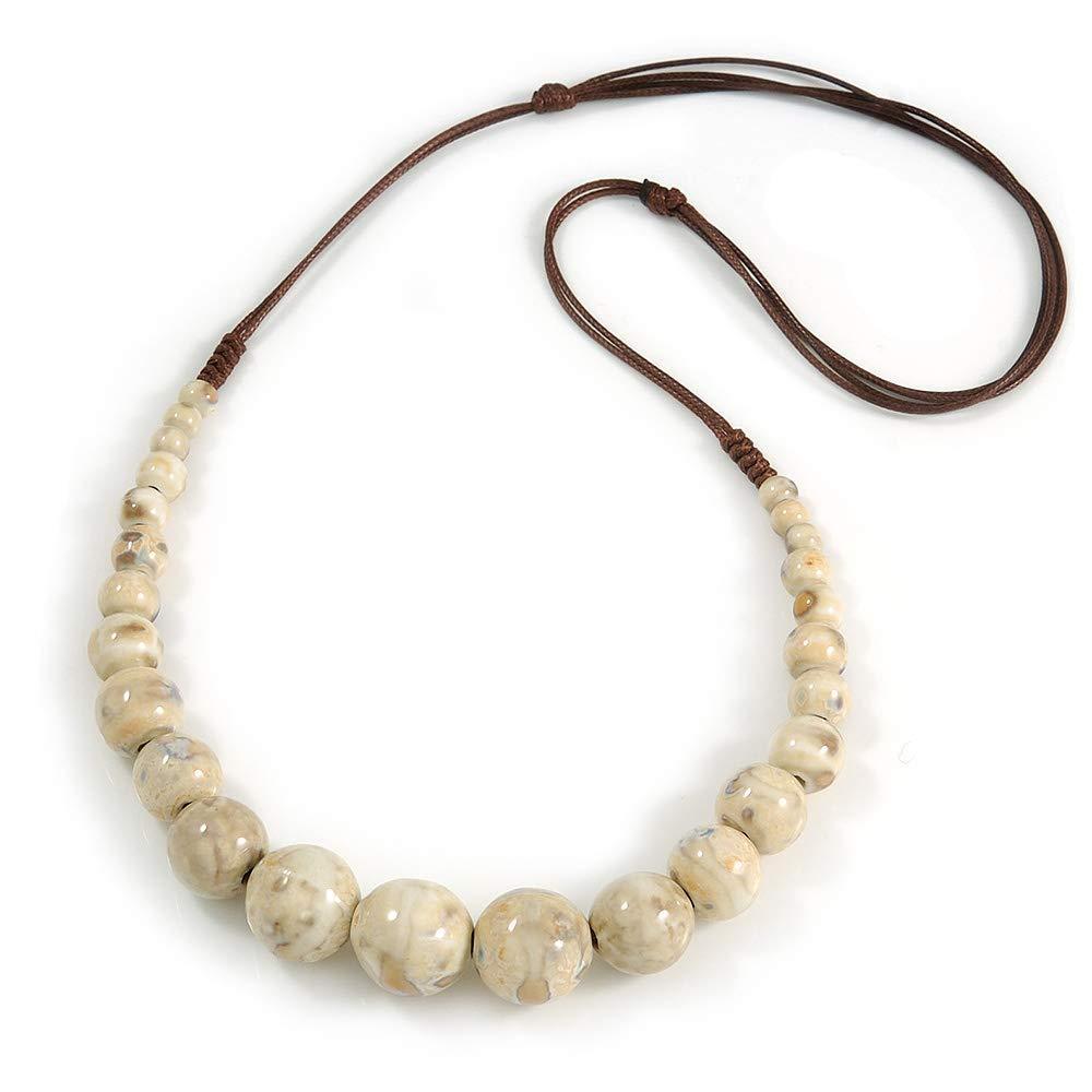 [Australia] - Avalaya Cream Patterned Ceramic/Clay Bead Brown Silk Cords Necklace - Adjustable - 60cm to 70cm Long 