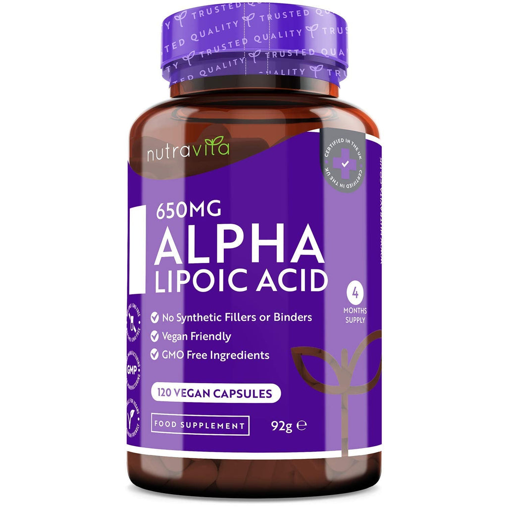 [Australia] - Alpha Lipoic Acid 650mg – 120 High Strength Vegan-Friendly Capsules – 100% Natural, No Synthetic Binders or Fillers – 4 Month Supply – Made in The UK by Nutravita 