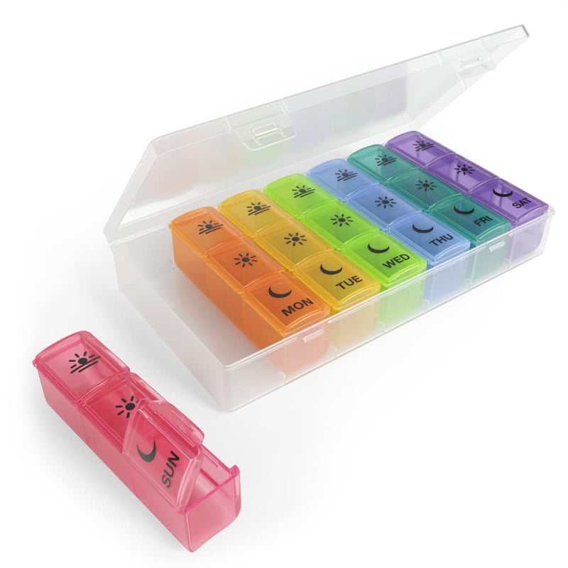 [Australia] - EZY DOSE Travel Weekly (7-Day) Pill Box, Vitamin and Medicine Organiser, Large Compartments, 3 Times a Day, Rainbow Lids Pill Organizer Single 