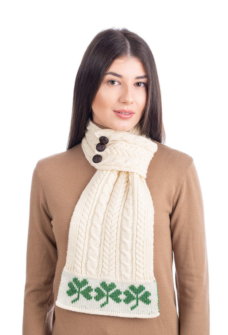 [Australia] - SAOL 100% Merino Wool Aran Loop Scarf featuring Shamrock Pattern, in Natural/Navy/Green 