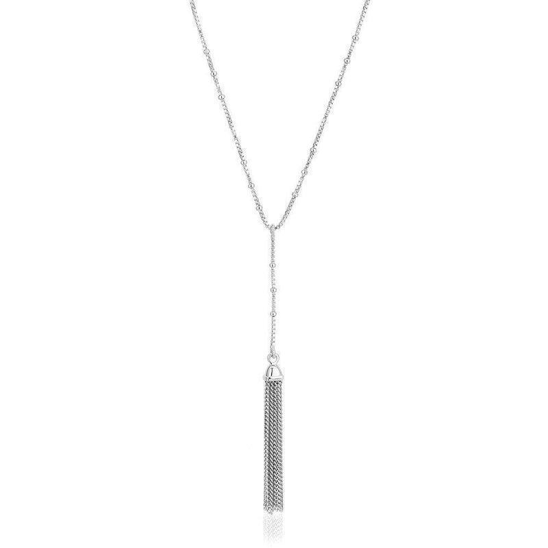 [Australia] - Vanbelle Sterling Silver Jewelry Beaded 'Y-Necklace' with Hanging Long Tassel Charm and Rhodium Plated for Women and Girls 