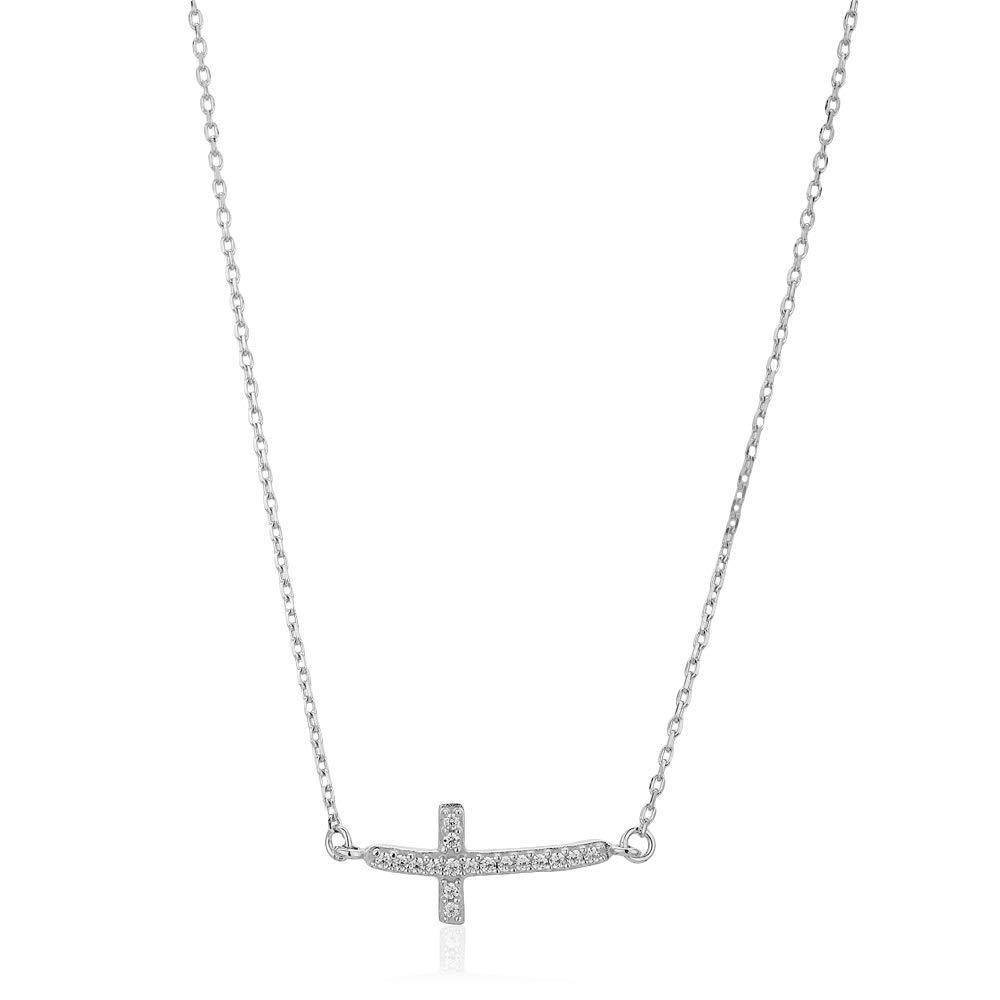 [Australia] - Vanbelle Sterling Silver Jewelry Sideway Cross Necklace with Cubic Zirconia Stones and Rhodium Plated for Women and Girls 