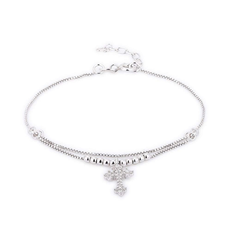 [Australia] - Vanbelle Sterling Silver Jewelry Beaded Chain Bracelet & Hanging Florentine Cross with Cubic Zirconica Stones and Rhodium Plated for Women and Girls 