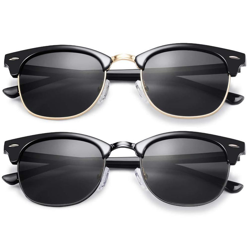 [Australia] - KANASTAL Semi-Rimless Polarised Sunglasses for Men Women, Retro Horn Rimmed Womens Sunglasses UV Protection 2 Pcs-shiny Black + Gold Black 